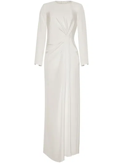 Adam Lippes Pleated Drape Slit-hem Long-sleeve Silk Crepe Maxi Dress In Ivory