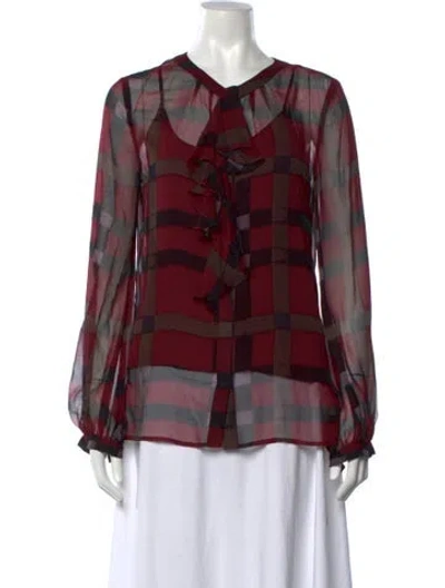 Pre-owned Adam Lippes Silk Plaid Print Blouse In Red