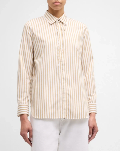 Adam Lippes Striped Bow-neck Collared Shirt In White/khaki