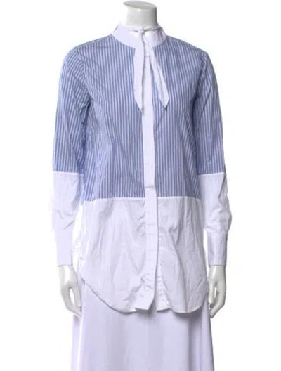 Pre-owned Adam Lippes Striped Mock Neck Button-up Top In Blue