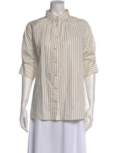 Pre-owned Adam Lippes Striped Mock Neck Button-up Top In Neutral