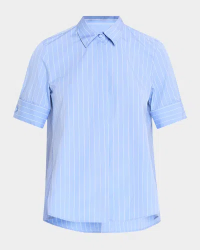 Adam Lippes Striped Poplin Short-sleeve Trapeze Shirt In Pale Bluewhite