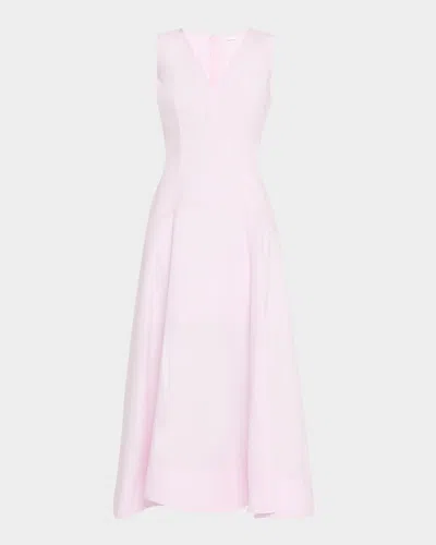 Adam Lippes V-neck Drop Waist Cotton Poplin Midi Dress In Pale Pink