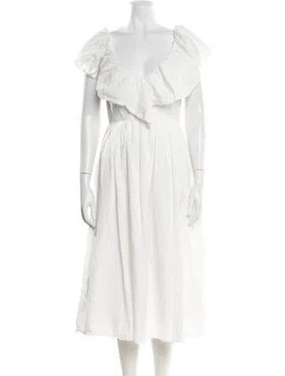 Pre-owned Adam Lippes V-neck Midi Length Dress In White