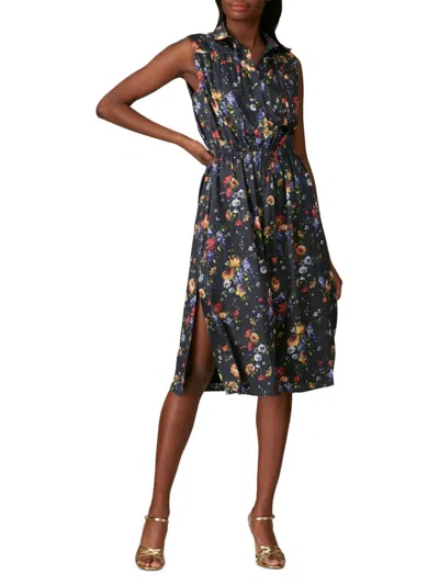 Adam Lippes Women's Floral Blouson Midi Dress In Black Multi