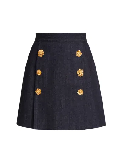 Adam Lippes Flower Button-front Stretch Denim Mini Skirt In Indigo