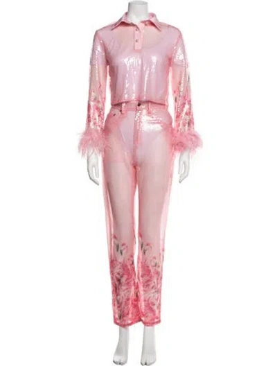 Pre-owned Adam Selman Floral Print Mesh Accents Pant Set In Pink