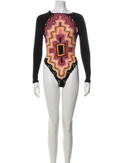 Pre-owned Adam Selman Graphic Print Crew Neck Bodysuit In Black