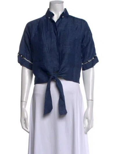 Pre-owned Adam Selman Linen Short Sleeve Crop Top In Blue