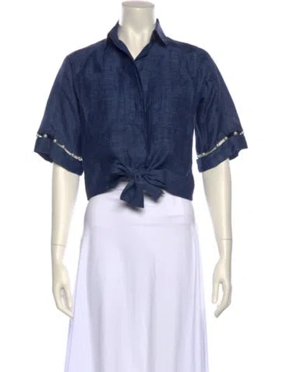 Pre-owned Adam Selman Linen V-neck Crop Top In Blue