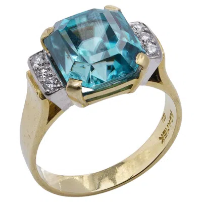 Pre-owned Adamek 18kt Gold Blue Zircon Ring With Diamond Accents By
