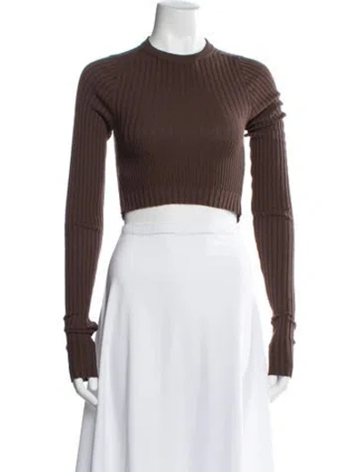 Pre-owned Adamo Crew Neck Long Sleeve Crop Top In Brown