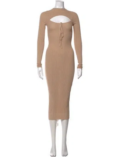 Pre-owned Adamo Tie Neck Midi Length Dress In Neutrals