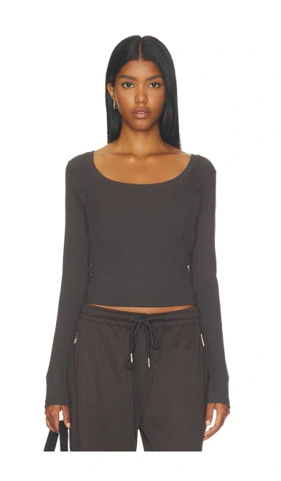 Adanola Rib Scoop Neck Long Sleeve Top In Gray