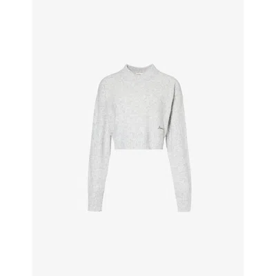 Adanola Womens Light Grey Melange V-neck Cropped Knitted Sweater