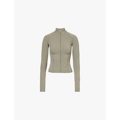 Adanola Ultimate Zip-up Stretch-jersey Top In Olive Green