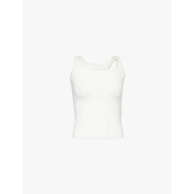 Adanola Womens White Brand-embroidery Ribbed Stretch-woven Jersey Top