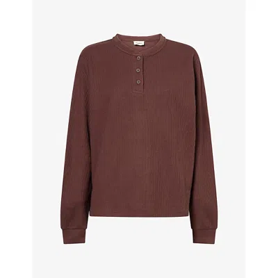 Adanola Womens  Henley-collar Ribbed-knit Cotton-blend Top In Chocolate Brown