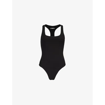 Adanola Womens  Ribbed Racer-back Stretch-woven Bodysuit In Black