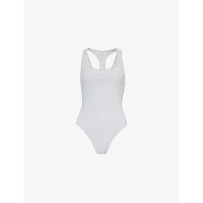 Adanola Womens  Ribbed Racer-back Stretch-woven Bodysuit In Light Grey Melange