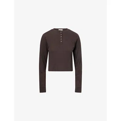 Adanola Womens Coffee Bean Slub Long-sleeve Button-up Cotton Top In Brown