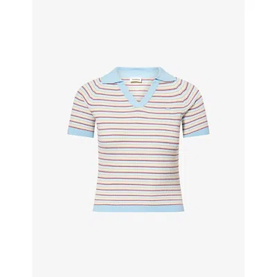 Adanola Womens Breeze Blue Stripe Stripe Knit Polo Top