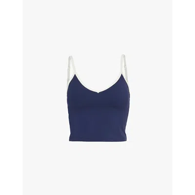 Adanola Womens  Ultimate Piping Longline Recycled-polyamide Blend Stretch-jersey Crop Top In Navy Blu/mrshmllw Wht