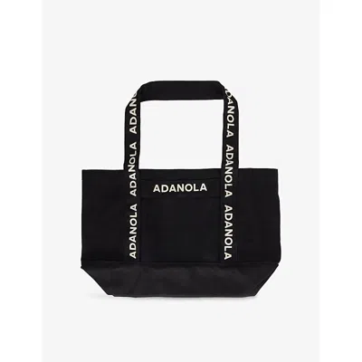 Adanola Womens Black/cream Logo-strap Slip-pocket Cotton Tote Bag