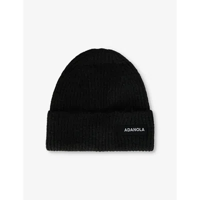Adanola Womens Black Brand-appliqué Brushed-rib Knitted Beanie