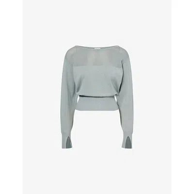 Adanola Womens Cloud Blue Long-sleeve Mesh-panel Knit Top In Green