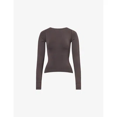 Adanola Womens Coffee Bean Impact Seamless Long-sleeves Stretch-woven Top In Brown