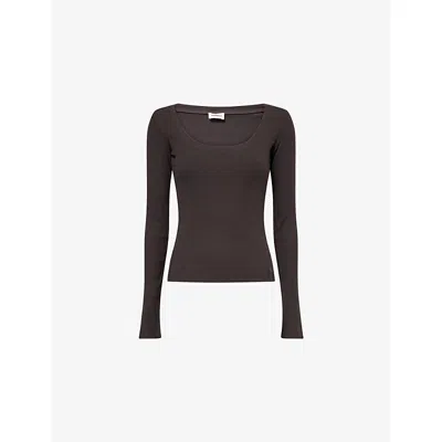 Adanola Womens Coffee Bean Ribbed Long-sleeve Stretch-modal Top In Brown