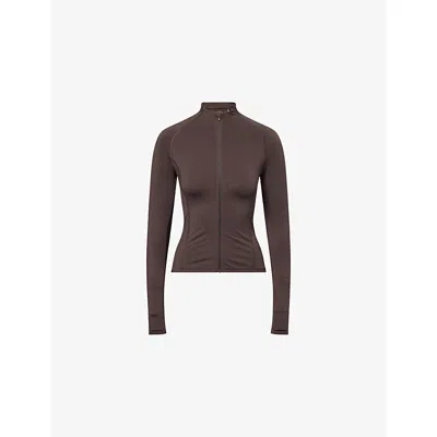Adanola Womens Coffee Bean Ultimate Zip-up Stretch-woven Top In Brown