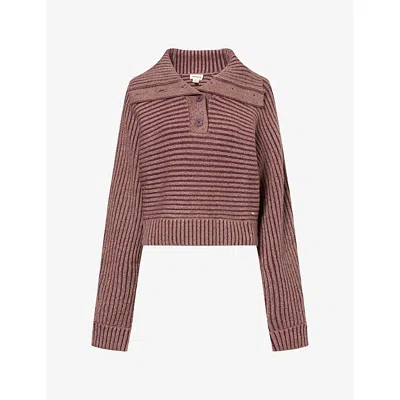 Adanola Womens Damson Red Logo-plaque Ribbed Knit Henley Sweatshirt Xl