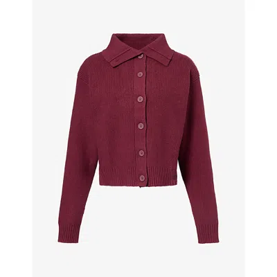 Adanola Womens Funnel-neck Collared Cotton-knit Cardigan Damson Red