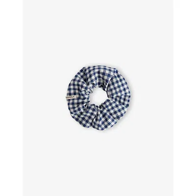 Adanola Womens Navy Blue/white Gingham Brand-tab Cotton-blend Scrunchie In Multi
