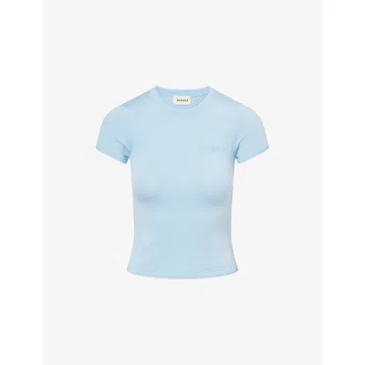 Adanola Womens Light Breeze Blue Varsity Knit Crewneck T-shirt Xs