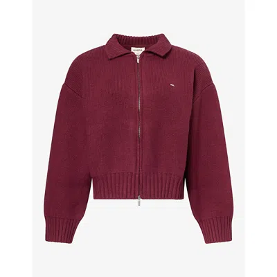 Adanola Womens Logo-embroidered Collared Cotton-knit Bomber Jacket Damson Red