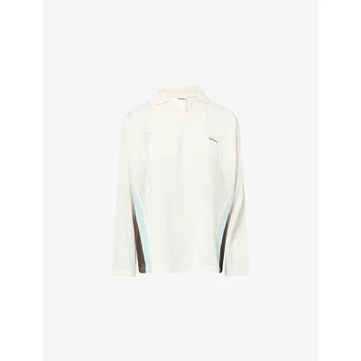 Adanola Womens Marshmallow White Collared Long-sleeve Mesh Jersey Top