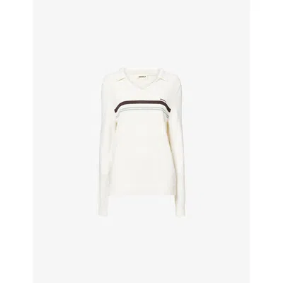 Adanola Womens Marshmallow White Stripe-print Knitted Cotton-blend Polo Jumper