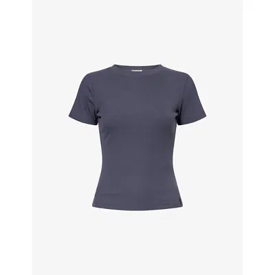 Adanola Womens Midnight Blue Ribbed Short-sleeve Stretch-modal Top