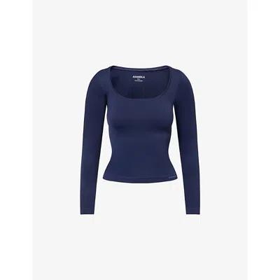 Adanola Womens Navy Blue Classic Seamless Long-sleeve Workout Top