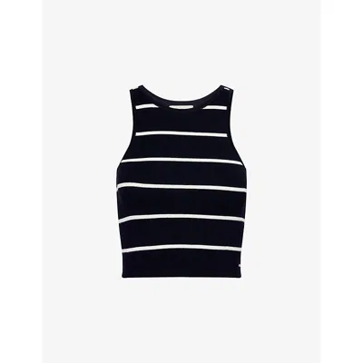 Adanola Womens Navy Blue/white Stripe Racer Crop Knit Vest Top