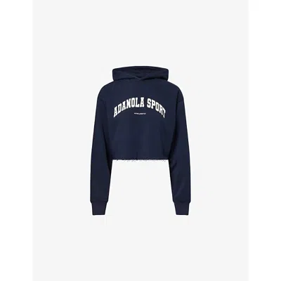 Adanola Womens Raw-hem Crop Cotton-blend Hoody Navy Blue Xl