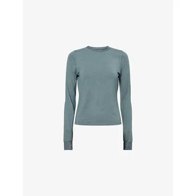 Adanola Womens Sea Green Contrast-trims Long-sleeves Stretch-woven Top Xs In Blue