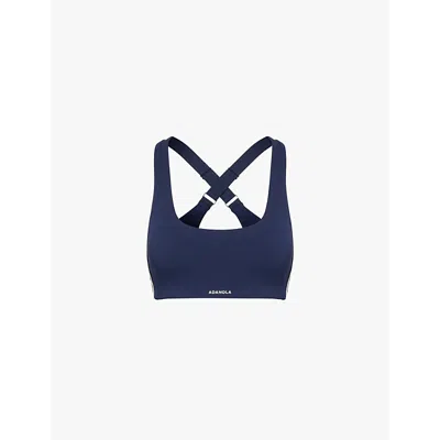 Adanola Womens  Ultimate Micro Piping Scoop-neck Stretch-woven Sport Bra In Navy Blue/off White