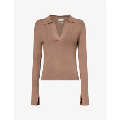 Adanola Womens Walnut Brown Collar Long-sleeve Knit Top