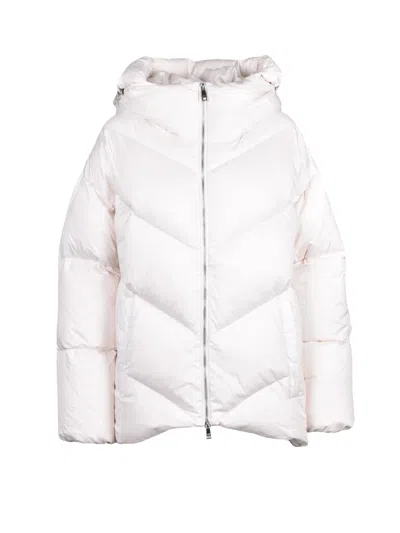 Add Asymmetric White Down Jacket With High Collar And Chevron Stitching
