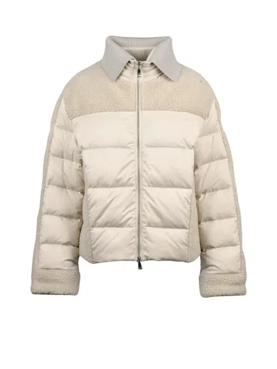 Add Cropped Beige Down Jacket With Textured Fleece And Quilted Panels In Neutral