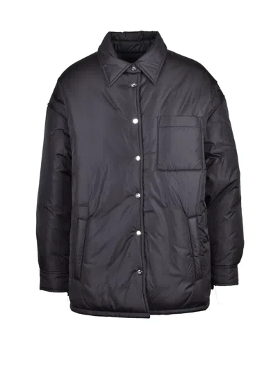 Add Down-filled Black Nylon Short Coat With Snap Button Closure In Grey